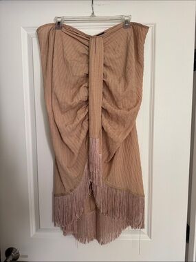 PrettyLittleThing Mauve Blush Strapless Fringe Dress